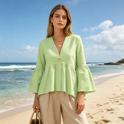 💕 【M-3XL】Blusa Mujer Elegante Cuello Pico con Volantes, Lisa