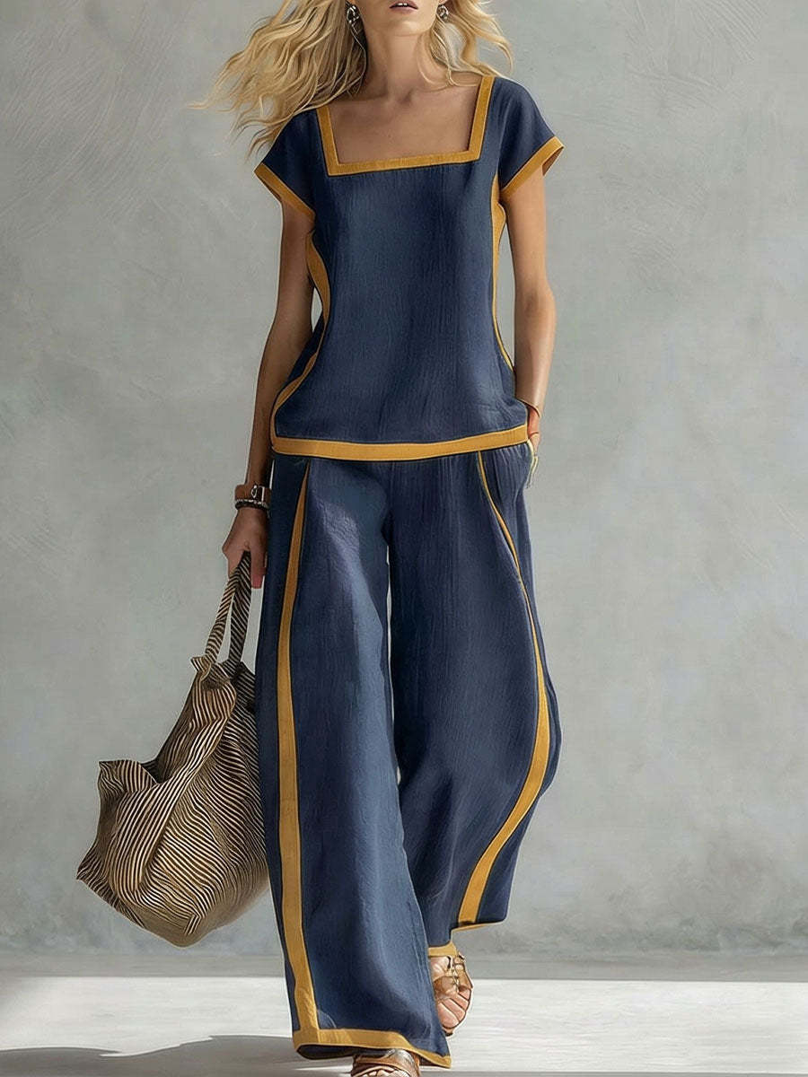 🔥 ¡Novedades de verano! 😍 Conjunto de dos piezas moderno para mujer 2026: detalles en colores contrastantes, combinado con pantalones de pierna ancha: casual y elegante.