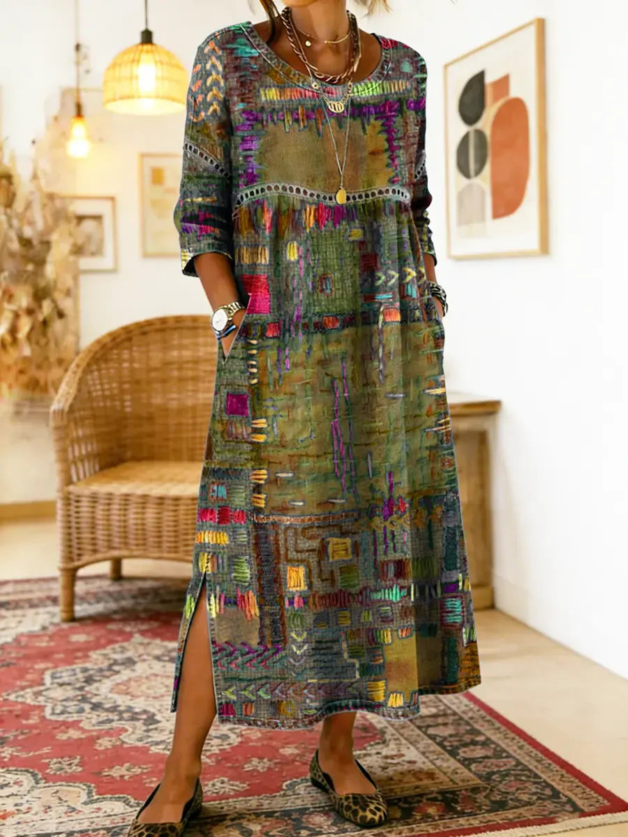 Manuela | Sukienka Maxi w Stylu Boho z Etnicznym Wzorem Patchwork