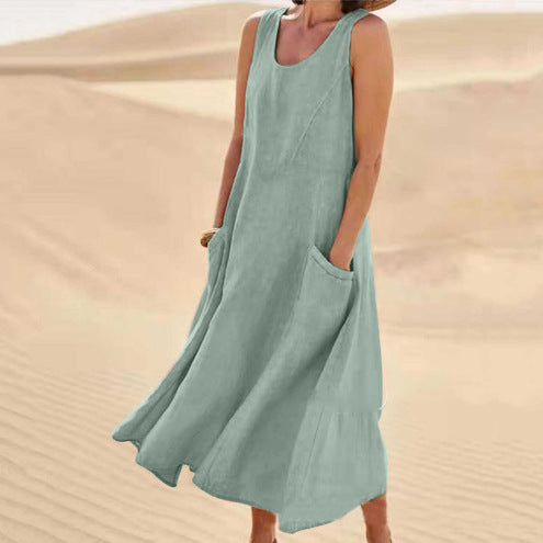🌈👗【12 farieb, S-5XL】💖 Nové elegantné jednofarebné šaty bez rukávov s okrúhlym výstrihom z bavlny a ľanu na leto 2025.