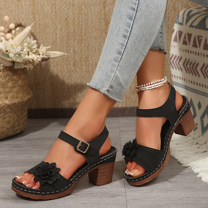 🌟【36-43】Sandale elegante pentru femei, cu vârful deschis, de vară 2025, sandale cu toc înalt și talpă groasă și decorațiuni florale 
