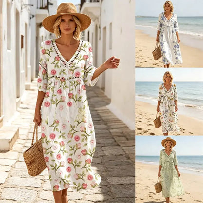 【S-3XL】Vestido largo de algodón y lino con estampado floral, estilo veraniego, escote en V