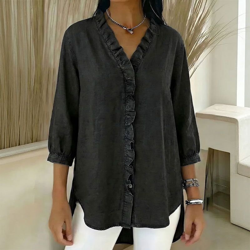 🔥 Dobierka ✅️【40-100kg】Dámska ležérna džínsová košeľa s výstrihom do V a volánmi