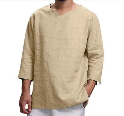 🎉😊【M-4XL】Tricou de vară nou, simplu, din bumbac și in, în culoare uni, confortabil și respirabil 