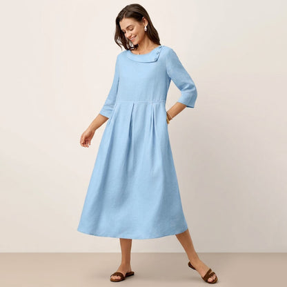 【S-3XL】Vestido Maxi de 100% Lino con Cuello Medialuna y Botones Decorativos
