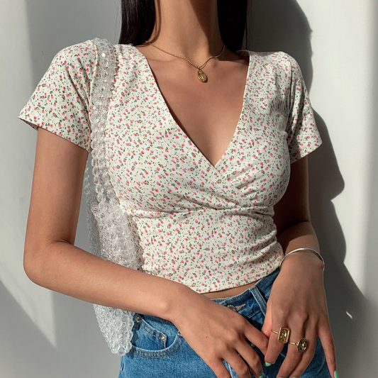 【S-2XL】Top Corto Floral Retro Americano - Estilo Vintage Chic