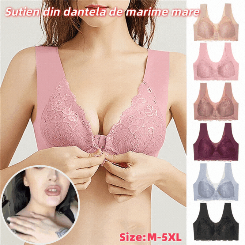 ✨【Conjunto de 3 piezas】Sujetador sexy de talla grande, sin aros y con cierre frontal, que luce un hermoso diseño en la espalda.