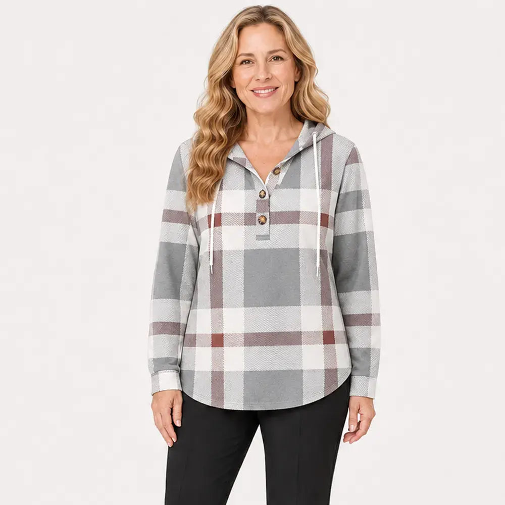 🧥Suéter de cuadros para mujer con capucha y cuello en V, con botones y mangas largas. Suéter holgado de cuadros para otoño e invierno.