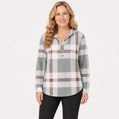 🧥Suéter de cuadros para mujer con capucha y cuello en V, con botones y mangas largas. Suéter holgado de cuadros para otoño e invierno.