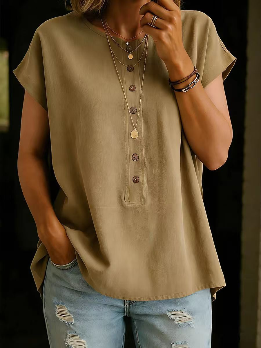 【S-2XL】Camiseta versátil de mujer de manga corta con cuello redondo y botones, color liso.