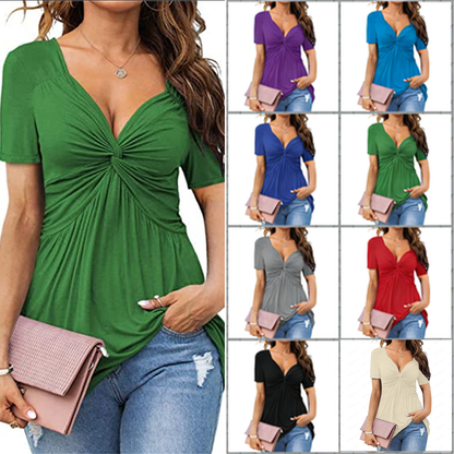 💕【-45% OFF】💕Novo po posebnoj cijeni!Camisa elegante informal de manga corta con cuello en V y nudo.