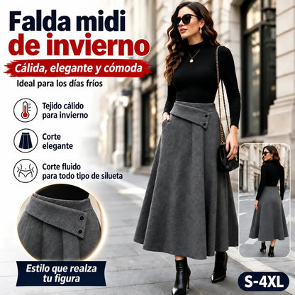 👗🎀【S-4XL】Falda midi de cintura alta con cintura asimétrica y dos botones