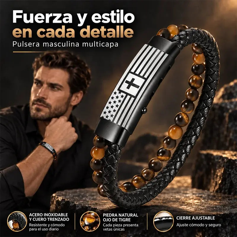 ✝️ Pulsera de Cuero para Hombre con Cruz | Diseño Trenzado de Doble Capa con Piedra Volcánica y Ojo de Tigre