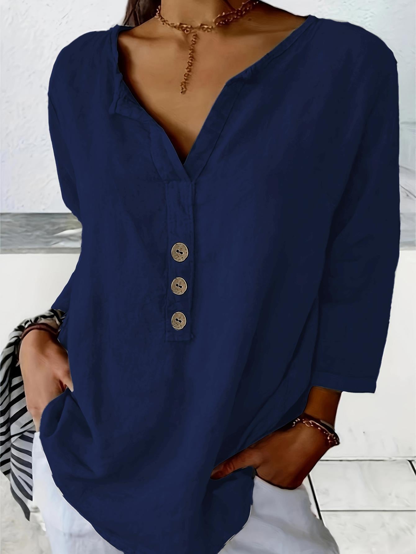 【-49% OFF】🔥Blusa de manga larga con cuello en V y botones, ideal para primavera, verano y otoño.【Pago contra entrega】