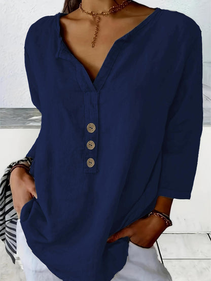 【-49% OFF】🔥Blusa de manga larga con cuello en V y botones, ideal para primavera, verano y otoño.【Pago contra entrega】