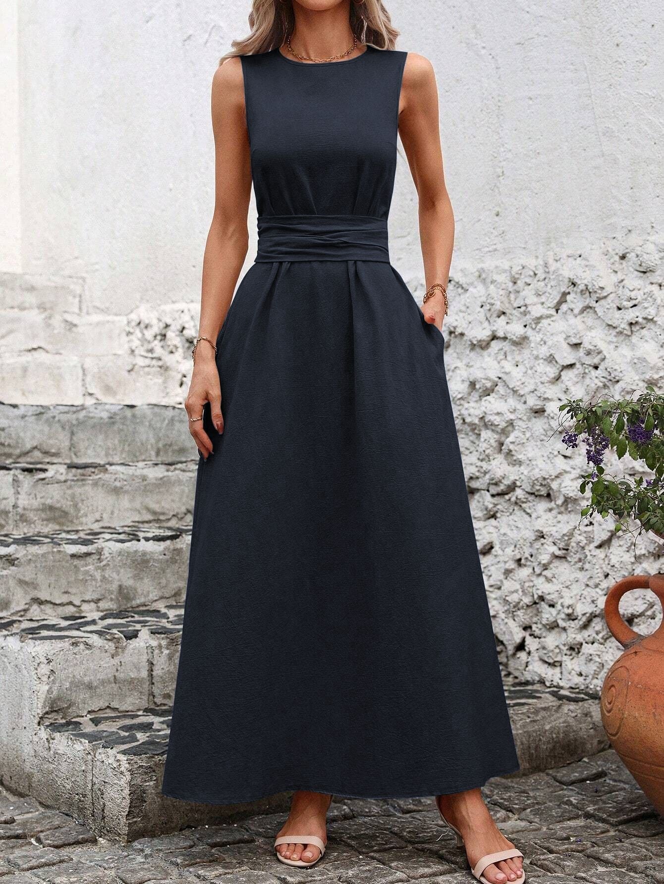 💋【S-3XL】Vestido casual elegante de color liso, cuello redondo, sin mangas, que ciñe la cintura