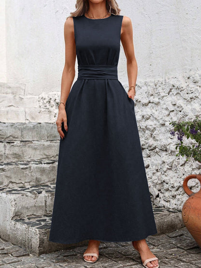💋【S-3XL】Vestido casual elegante de color liso, cuello redondo, sin mangas, que ciñe la cintura