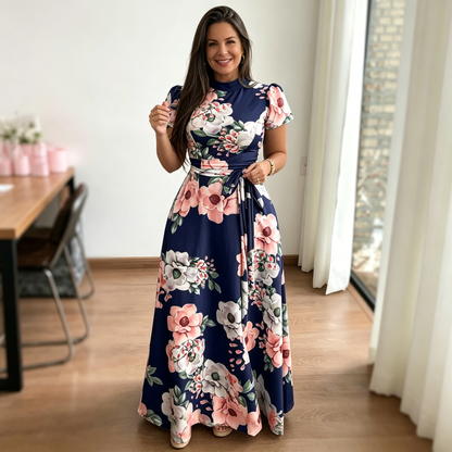 👑【S-5XL】✨Nuevo y elegante vestido largo de manga corta con estampado floral