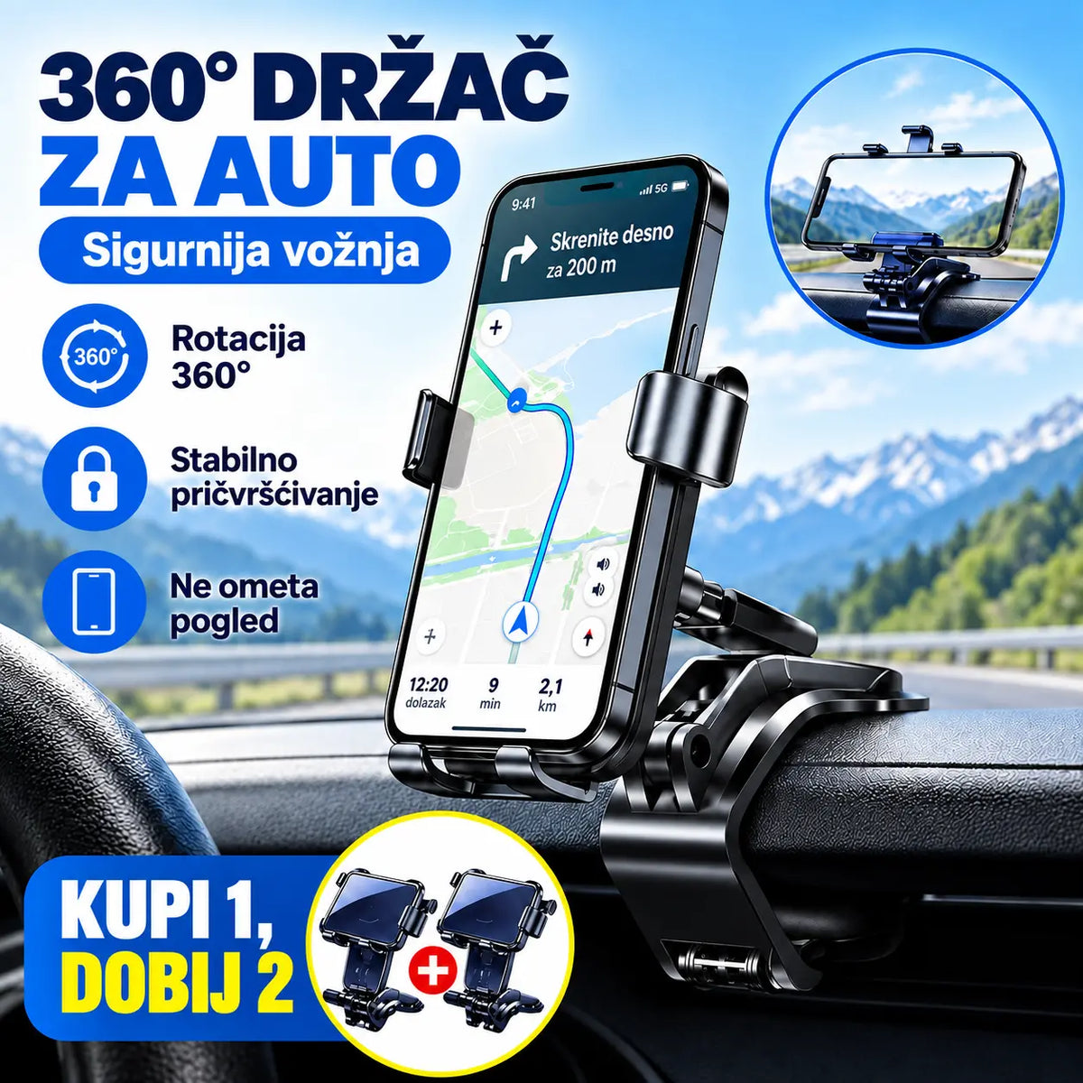 【Kupite jedan, dobijte jedan gratis】Držač za telefon u automobilu koji se okreće za 360°