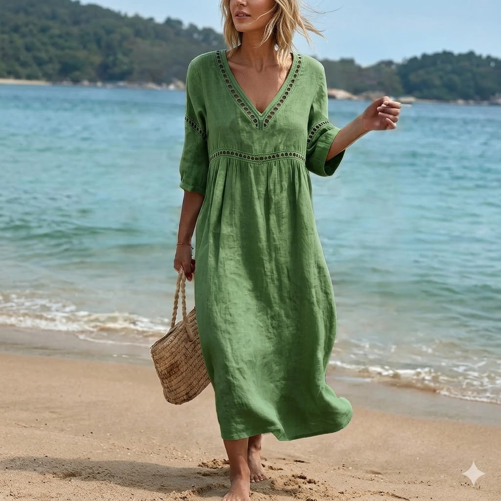 💎2026 Alta calidad💎【S-3XL】Vestido de mujer de algodón y lino con cuello en V, transpirable y suave, cómodo de llevar