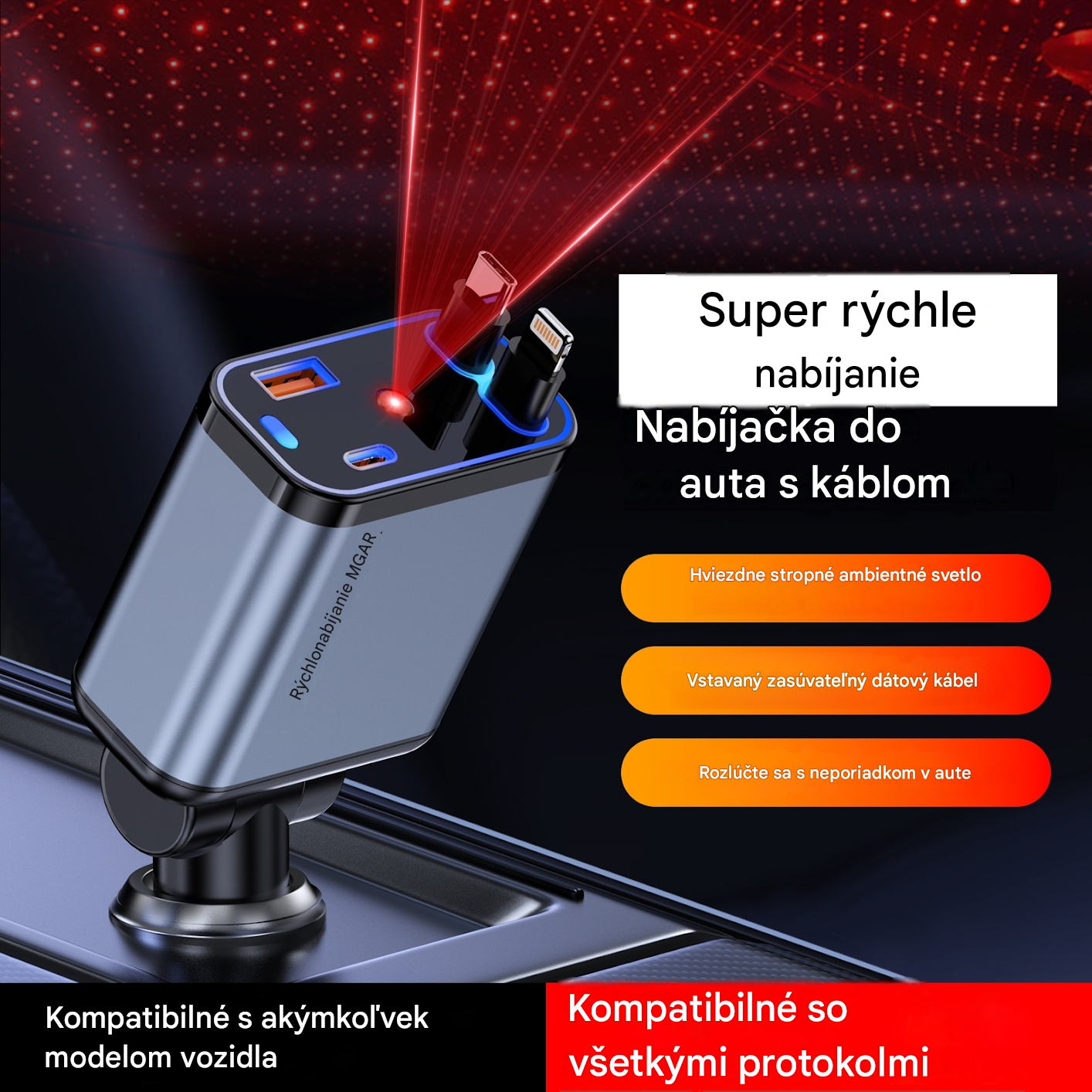 ⚡✨ Ultrarýchla nabíjačka do auta: Dva výsuvné porty USB-C s ambientným osvetlením Starlight a inteligentnou bezpečnostnou ochranou 🚗💫
