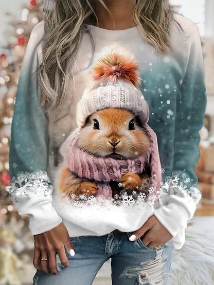 【Časovo obmedzená ponuka】 Roztomilý vianočný pulóver s okrúhlym výstrihom a potlačou zajačika a dlhým rukávom 🐇 (dámsky)