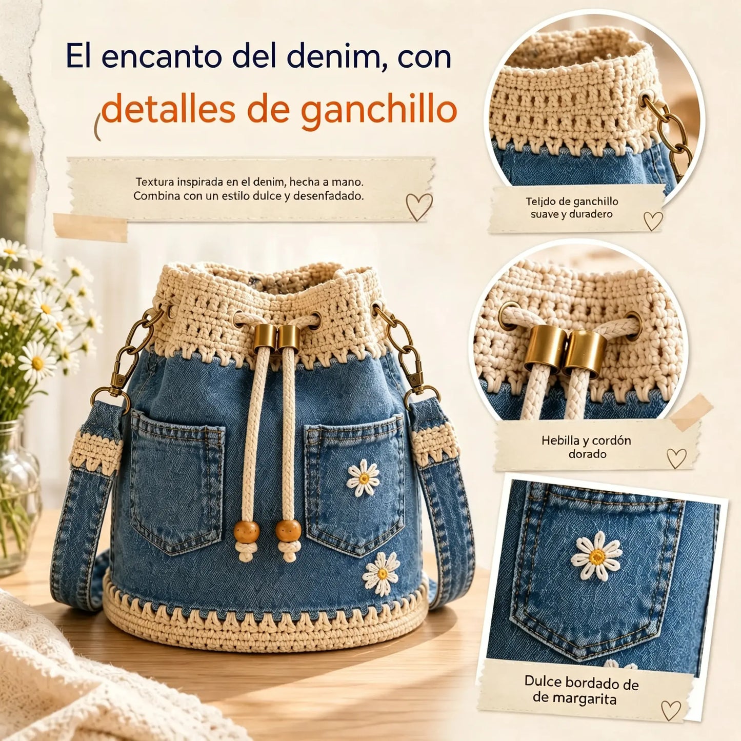 Un bolso de mezclilla tejida de estilo boho que complementa cualquier atuendo ✨