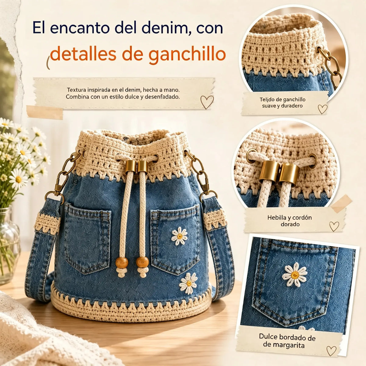 Un bolso de mezclilla tejida de estilo boho que complementa cualquier atuendo ✨