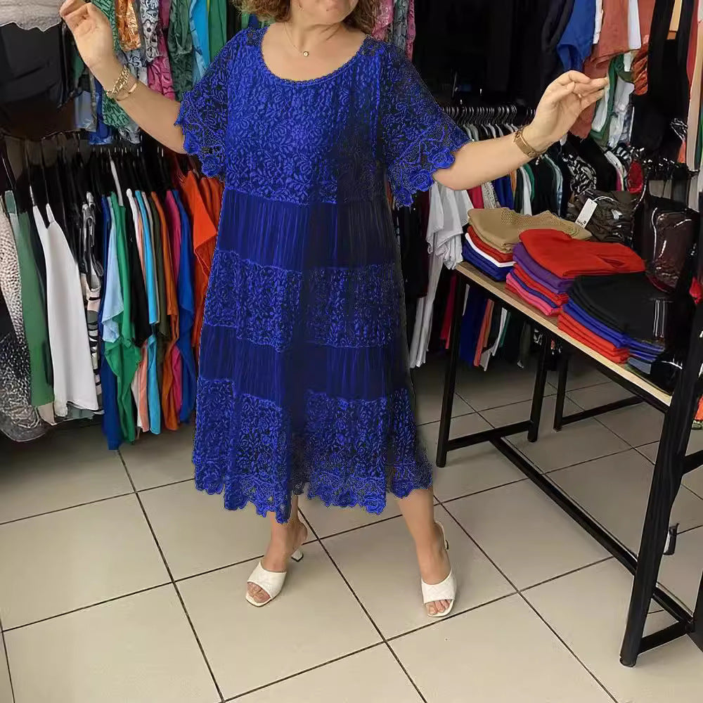【S-5XL】Nuevo vestido de encaje con cuello redondo y manga corta 2026 【40-120 kg】