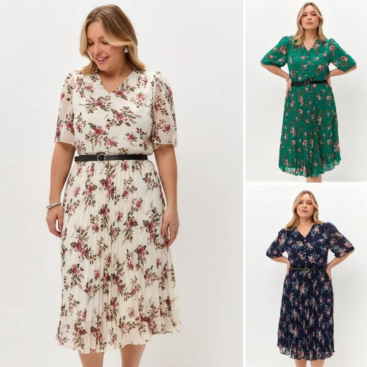 🌸💥【S-5XL】2025 dámske letné nové elegantné šifónové šaty s potlačou Módne šaty s gombíkom do V a opaskom
