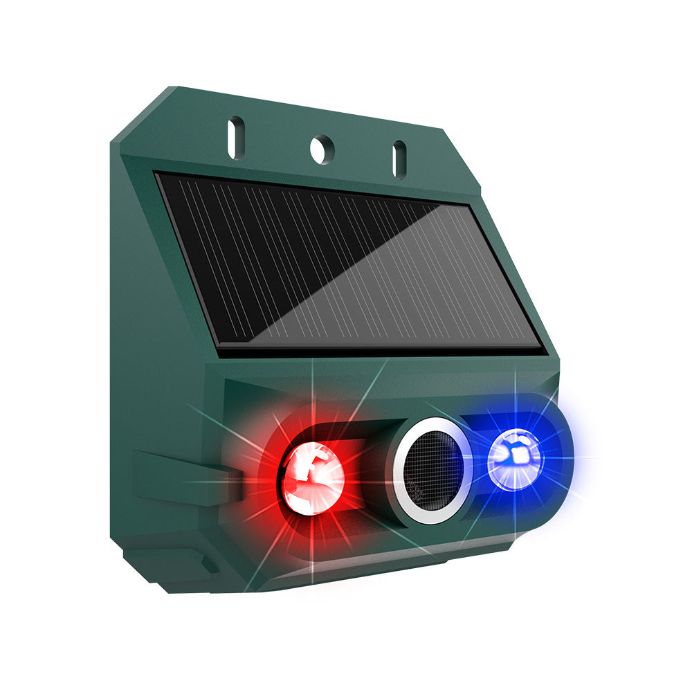 Repelente solar ultrasónico para animales, ideal para exteriores, con luz infrarroja intermitente y LED rojo y azul.