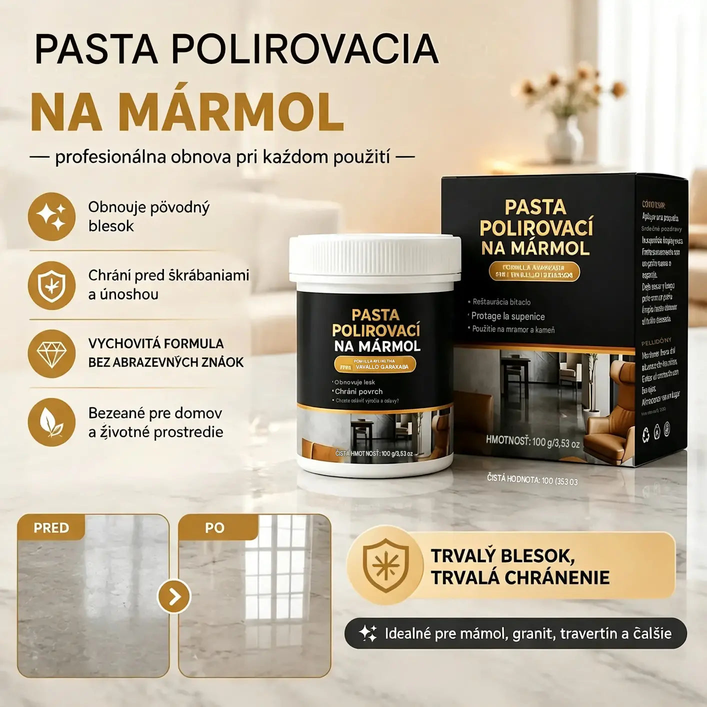 🥳 🔥Dve fľaše za 24 eur!✨ Leštiaca pasta na mramor – odstraňuje škrabance, obnovuje lesk a chráni povrch už za 2 minúty 🛡️