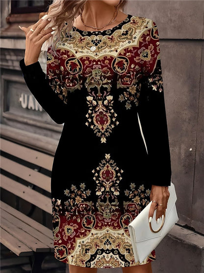 🔥🥰【S-5XL】Nuevo vestido estampado de cuello redondo y manga larga 2026