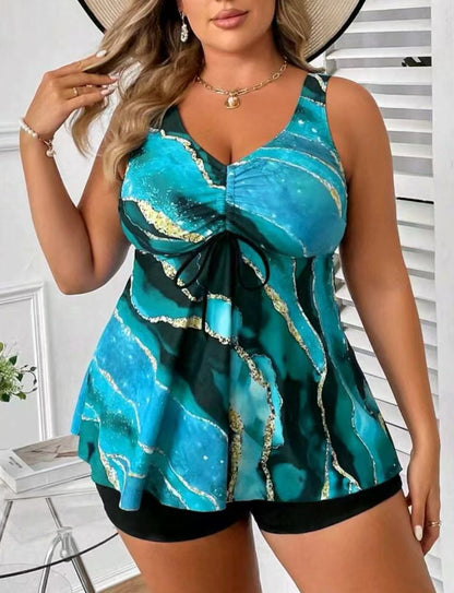 🏖️👙【Veľký letný výpredaj】🌴【M-5XL】Nové módne potlačené dvojdielne plavky veľkej veľkosti zakrývajúce bruško
