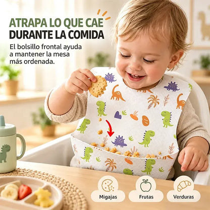 🛡️【30 piezas】👶 Babero Desechable Infantil con Bolsillo 3D Antifugas – Delgado, Impermeable y Práctico para el Día a Día 🍽️