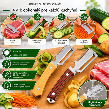 🔥Kúp 1, druhý dostaneš zadarmo (2 kusy)🧅🔪 Viacúčelová kuchynská škrabka 4 v 1: šúp a krájaj zeleninu, porcuj mäso a otváraj fľaše! 🔥