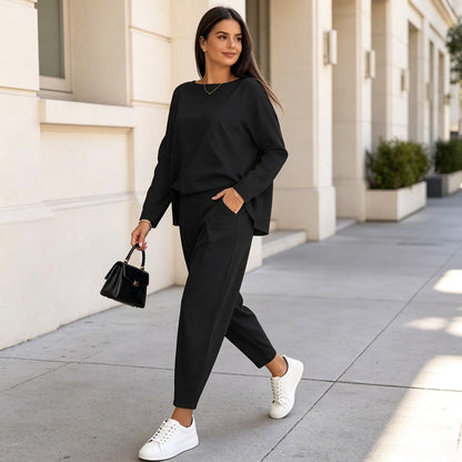 Conjunto casual y elegante a juego: Top de cuello redondo + pantalón
