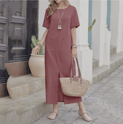【S-5XL】Vestido Largo Casual de Algodón y Lino con Bolsillos - Estilo Holgado y Fresco