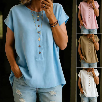 【S-2XL】Camiseta versátil de mujer de manga corta con cuello redondo y botones, color liso.