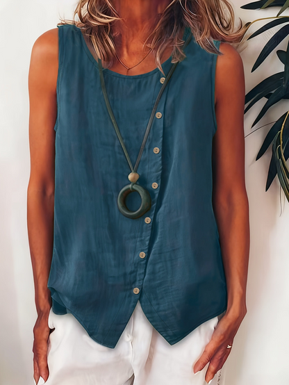 Blusa sin mangas elegante para mujer 2026 – Diseño suelto con botones y estilo casual chic