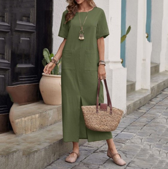 【S-5XL】Vestido Largo Casual de Algodón y Lino con Bolsillos - Estilo Holgado y Fresco
