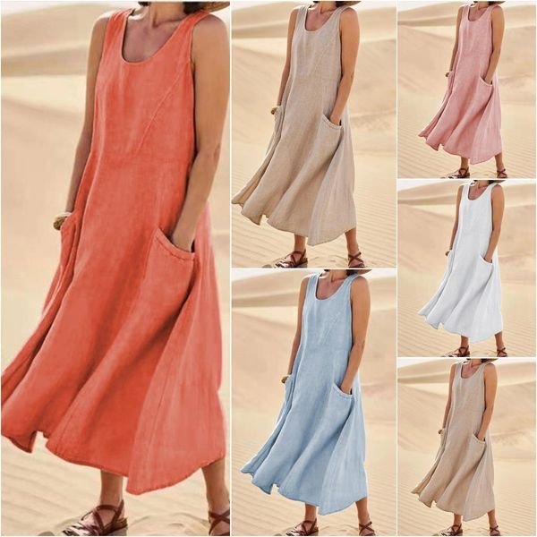 🌈👗【12 farieb, S-5XL】💖 Nové elegantné jednofarebné šaty bez rukávov s okrúhlym výstrihom z bavlny a ľanu na leto 2025.