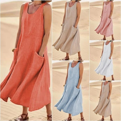 🌈👗【12 farieb, S-5XL】💖 Nové elegantné jednofarebné šaty bez rukávov s okrúhlym výstrihom z bavlny a ľanu na leto 2025.