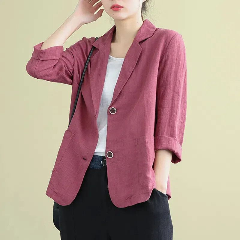 🔥Pago contra entrega✅️【40-90 kg】Camisa de traje casual de algodón y lino para mujer, diseño de cuello en V y botonadura simple