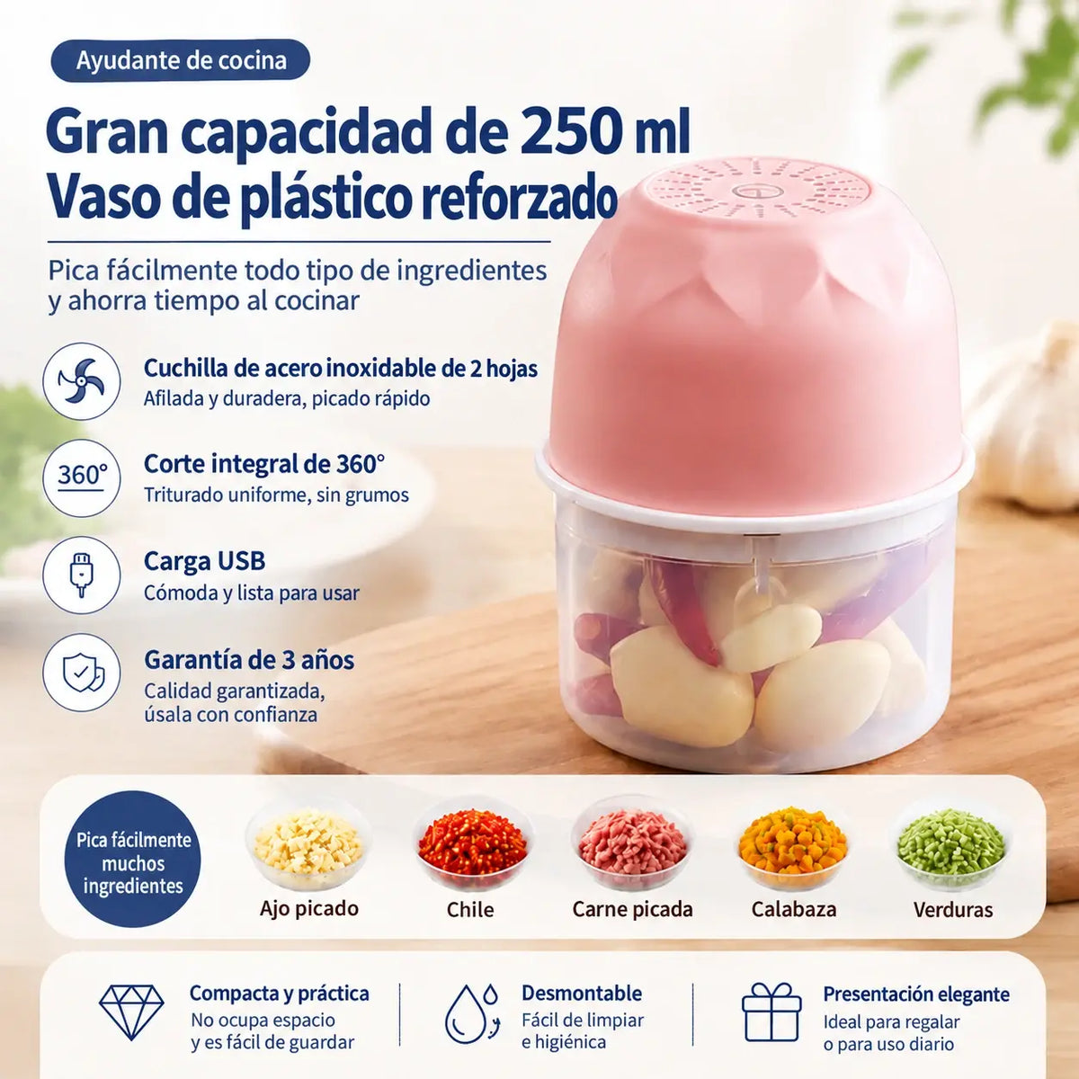 Minipicadora de carne eléctrica e inalámbrica