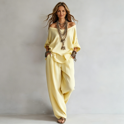 Conjunto Boho de Dos Piezas para Mujer – Blusa Holgada de Hombros Caídos y Pantalón Ancho Fluido