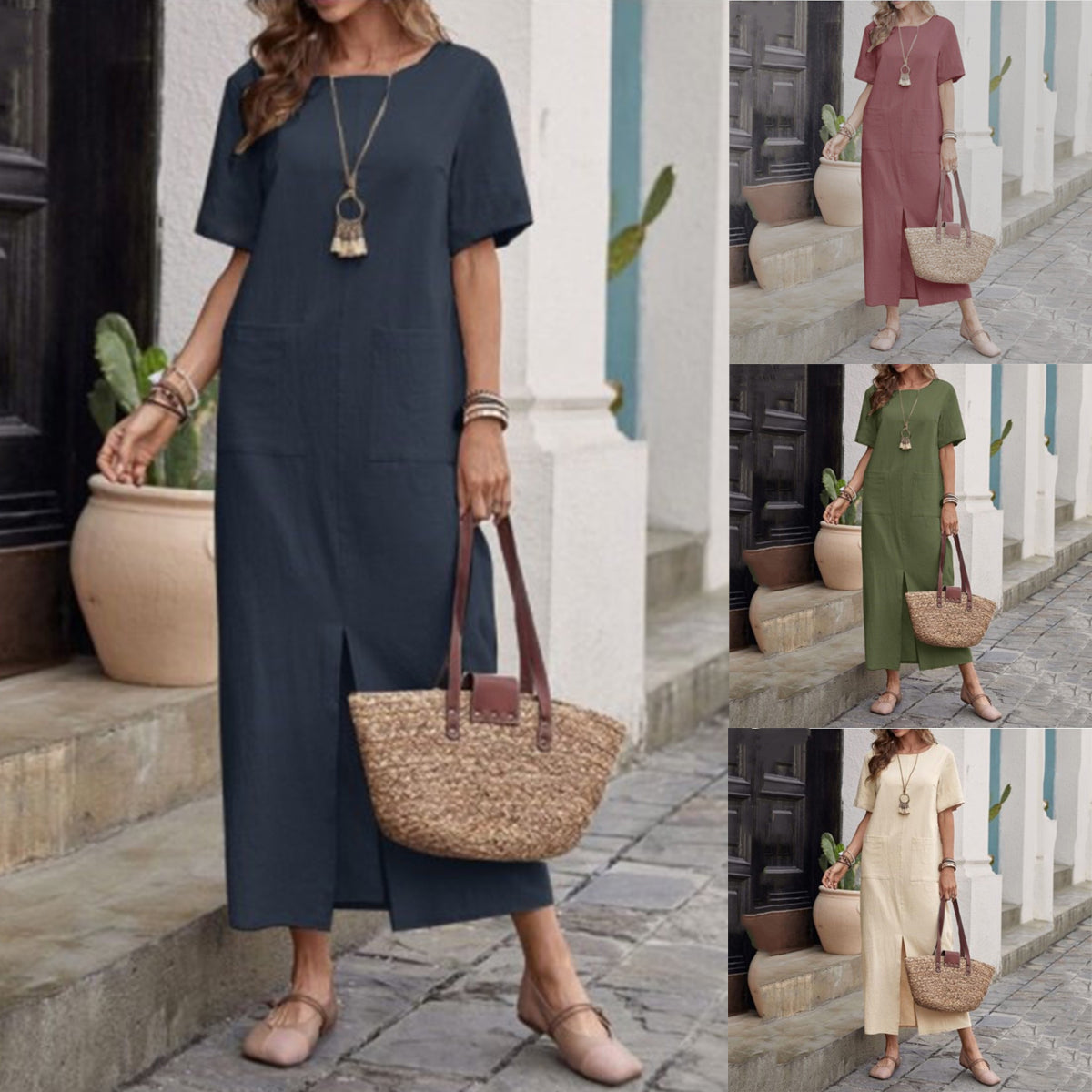 【S-5XL】Vestido Largo Casual de Algodón y Lino con Bolsillos - Estilo Holgado y Fresco