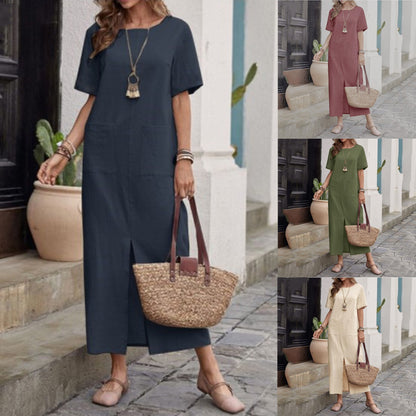 【S-5XL】Vestido Largo Casual de Algodón y Lino con Bolsillos - Estilo Holgado y Fresco
