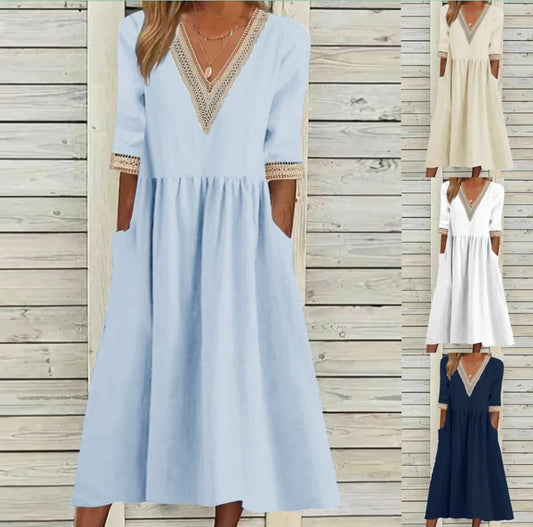 🌈👗【Produse noi de vară - reducere 50%🔥】【40-90 kg】👑 Rochie lejeră de damă, lungime medie, material bumbac și in, guler din dantelă, mărime mare 