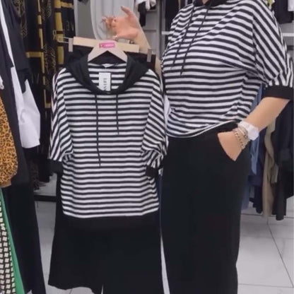 💥 LICHIDARE DE STOC 💥 Set de top cu dungi și pantaloni uni pentru femei
